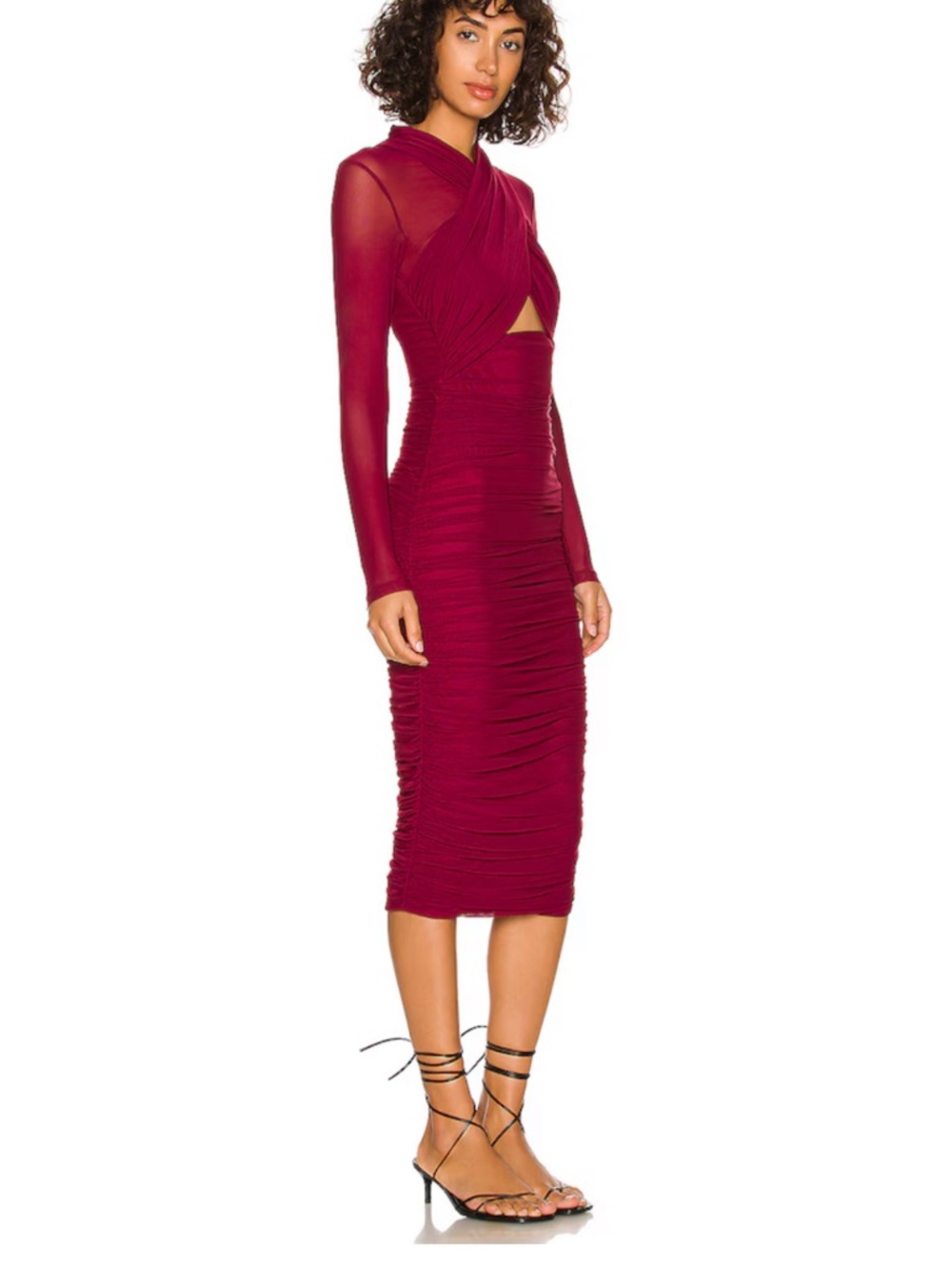 Bardot Wine Mesh-Sleeve Ruched Midi Dress - Picture 2 of 3